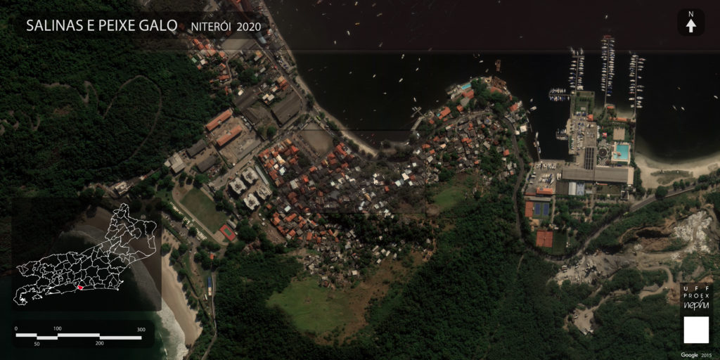 Foto aérea das comunidades de Peixe Galo e Salinas em Jurujuba, Niterói-RJ. 
Imagem tratada pela equipe do NEPHU. 